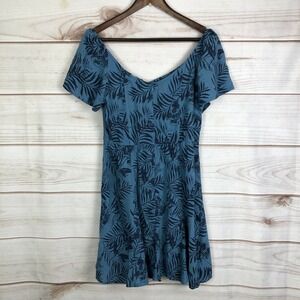 Roxy Blue Tropical Palm Print Mini Dress Short Sleeve Sweetheart Neck Large